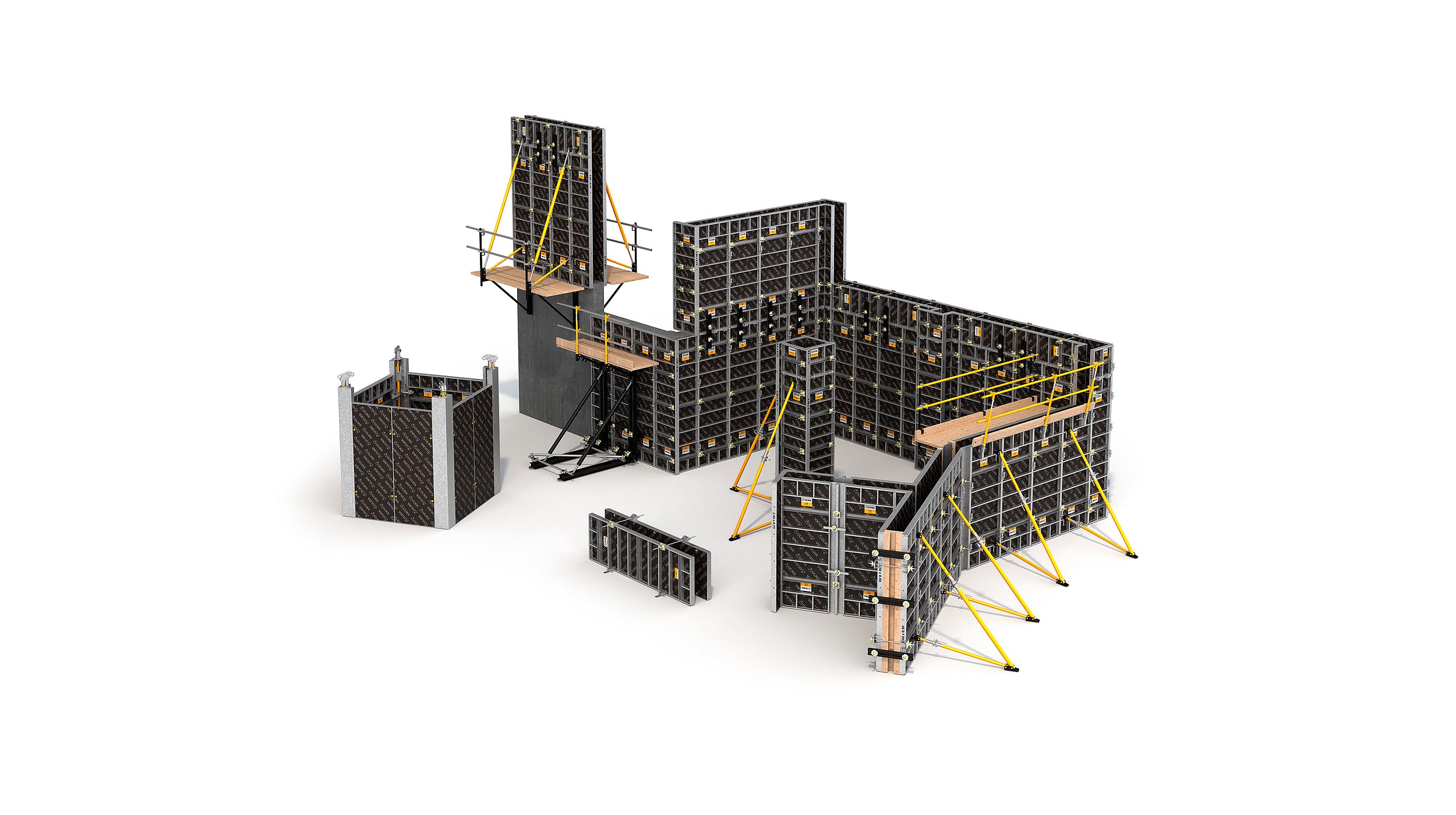 Sistema de encofrado de muros y columnas ligero y robusto, con una extensa gama de paneles multifuncionales. Perfecto para geometrías complejas. Montaje manual o con grúa.