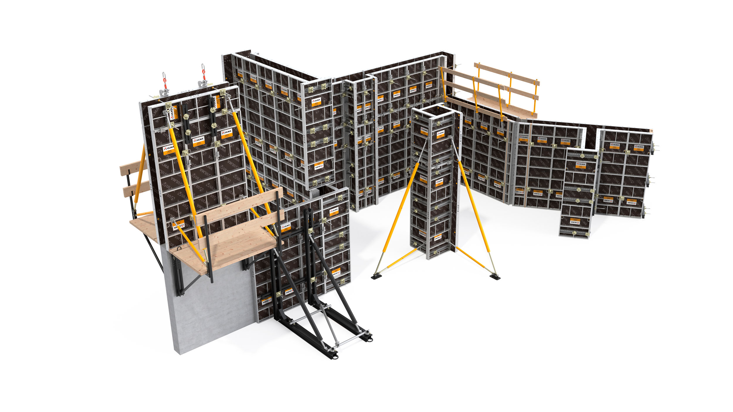 Encofrado modular de muros y columnas con una extensa gama de paneles de hasta 2,7m. Perfecto para geometrías complejas. Montaje manual o con grúa.