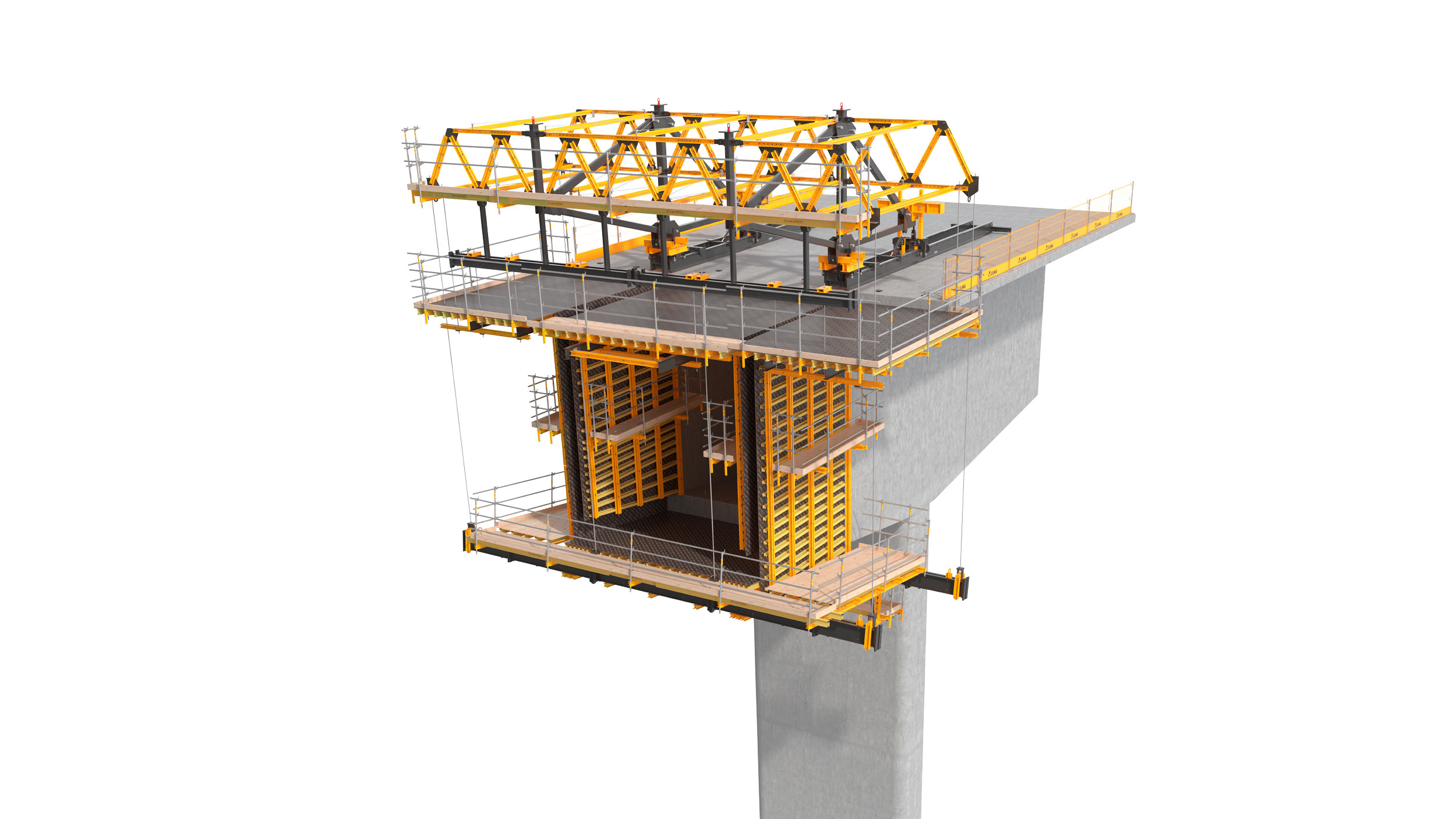 Indicado para la construcción de puentes de grandes luces, cuando la altura de las columnas es elevada o tableros de puente donde el apuntalamiento sobre el terreno sea complejo. Sistema muy flexible de alto rendimiento.