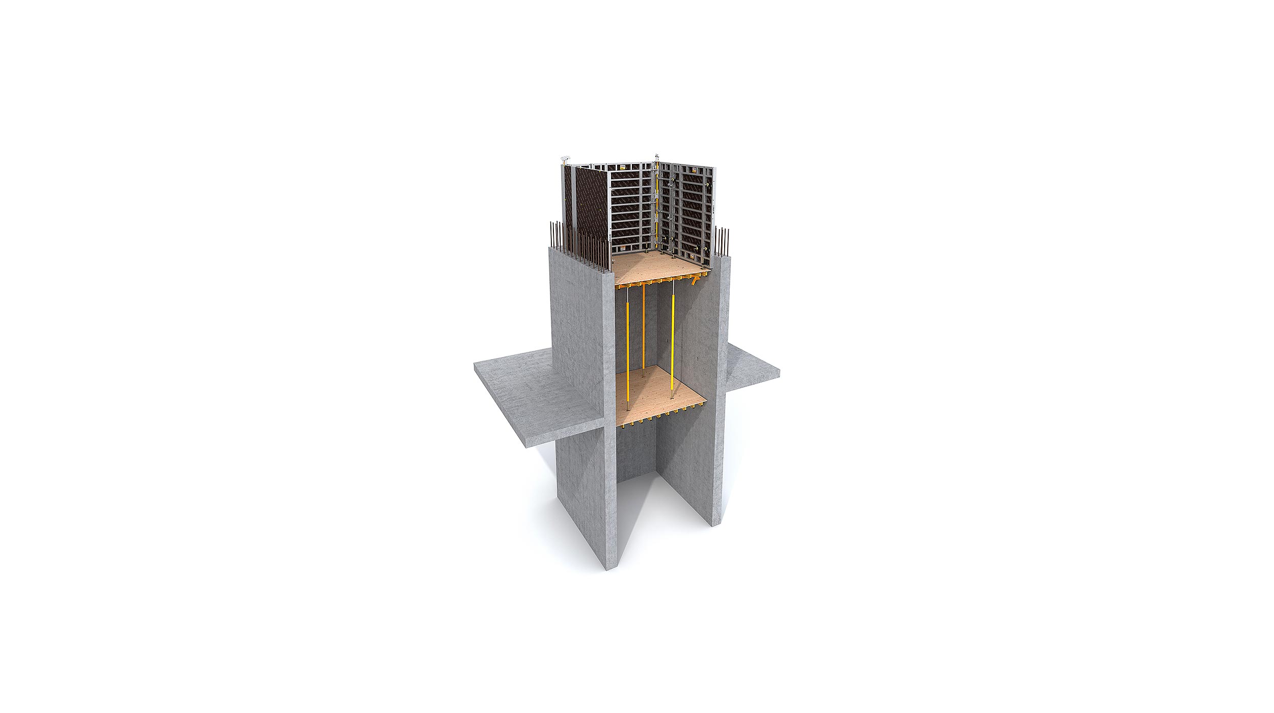 Una solución sencilla para el soporte de encofrado en huecos interiores. Indicada para huecos de ascensor y escaleras, columnas huecas etc.