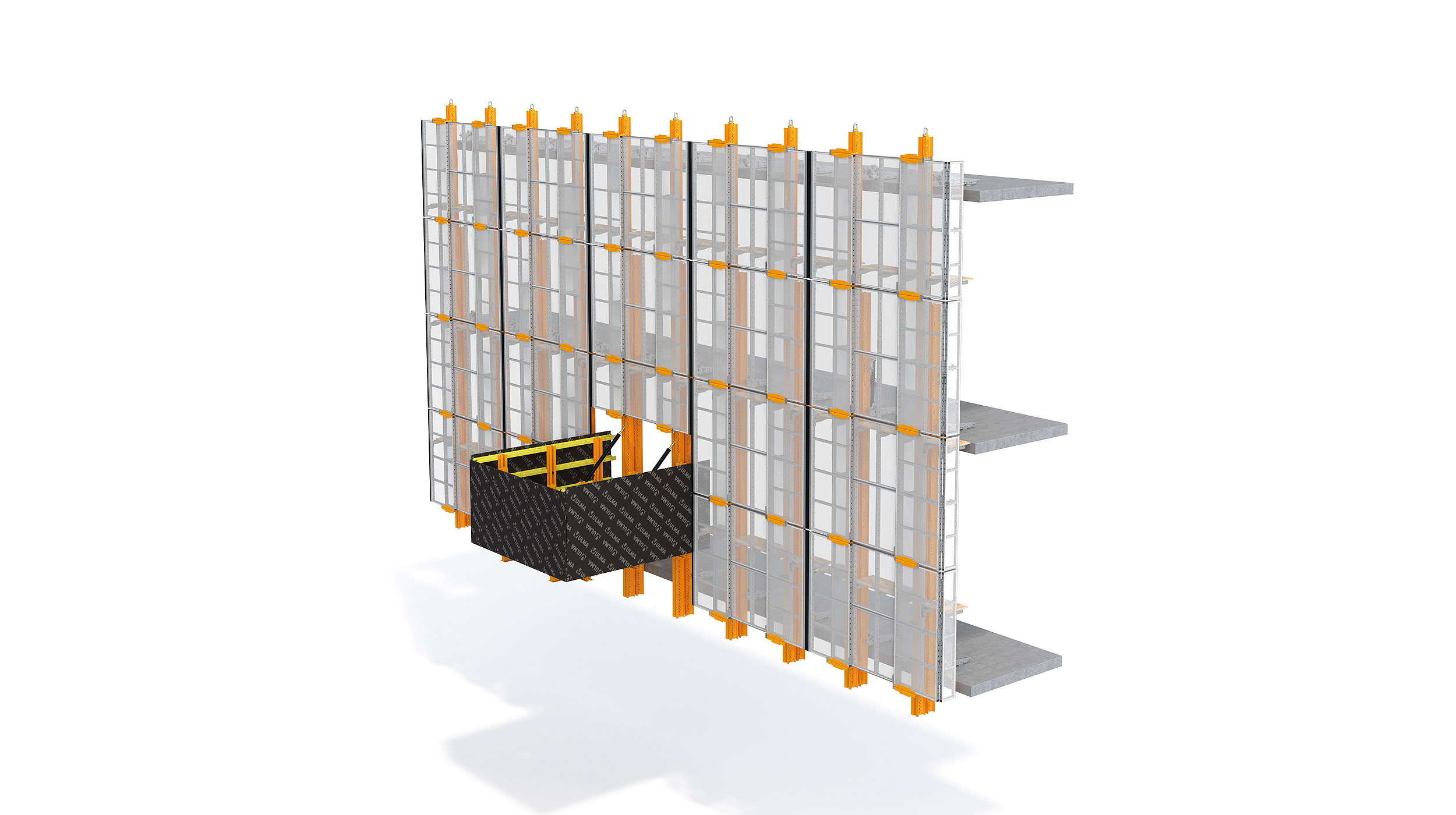 Pantalla de protección perimetral de gran flexibilidad, que se adapta a cualquier geometría o necesidad de configuración. Indicada para edificios de gran altura. El sistema puede elevarse de manera hidráulica o con grúa.